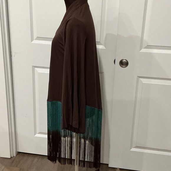 Boston Proper Women’s  Western Boho Brown Teal Fringe Open Cardigan Size Medium - Picture 5 of 15